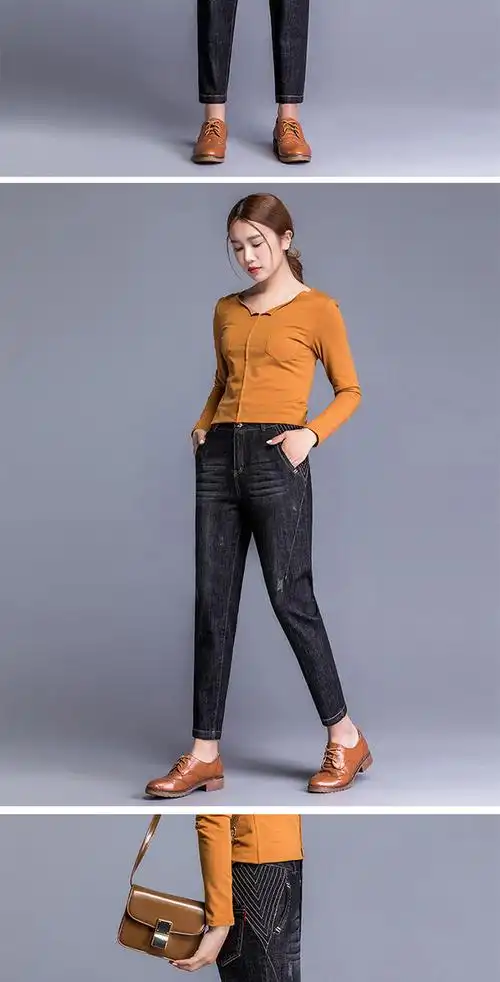 女装新款高腰牛仔直筒裤女宽松女士大码哈伦裤2021春秋新款显瘦萝卜裤