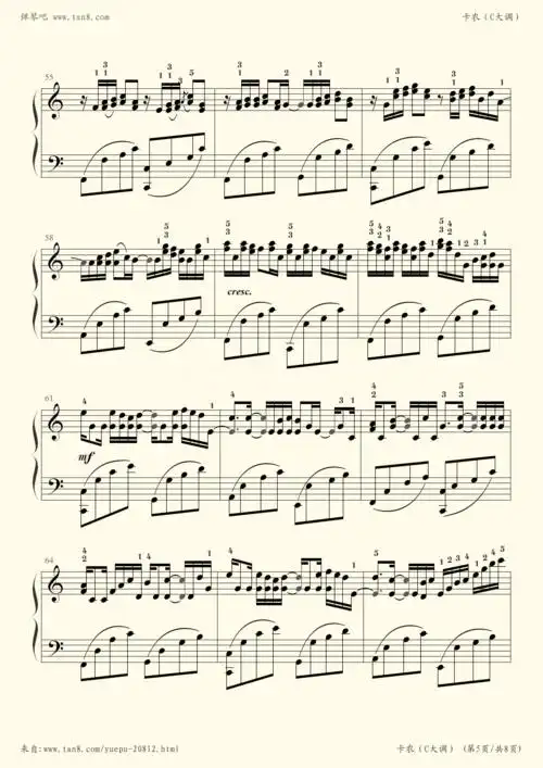 钢琴谱 - 卡农(经典版,c大调钢琴谱,带指法)