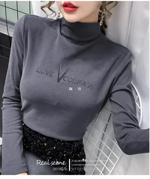 秋衣女外穿打底衫女洋气秋款女装上衣新款气质得绒半高领黑色s