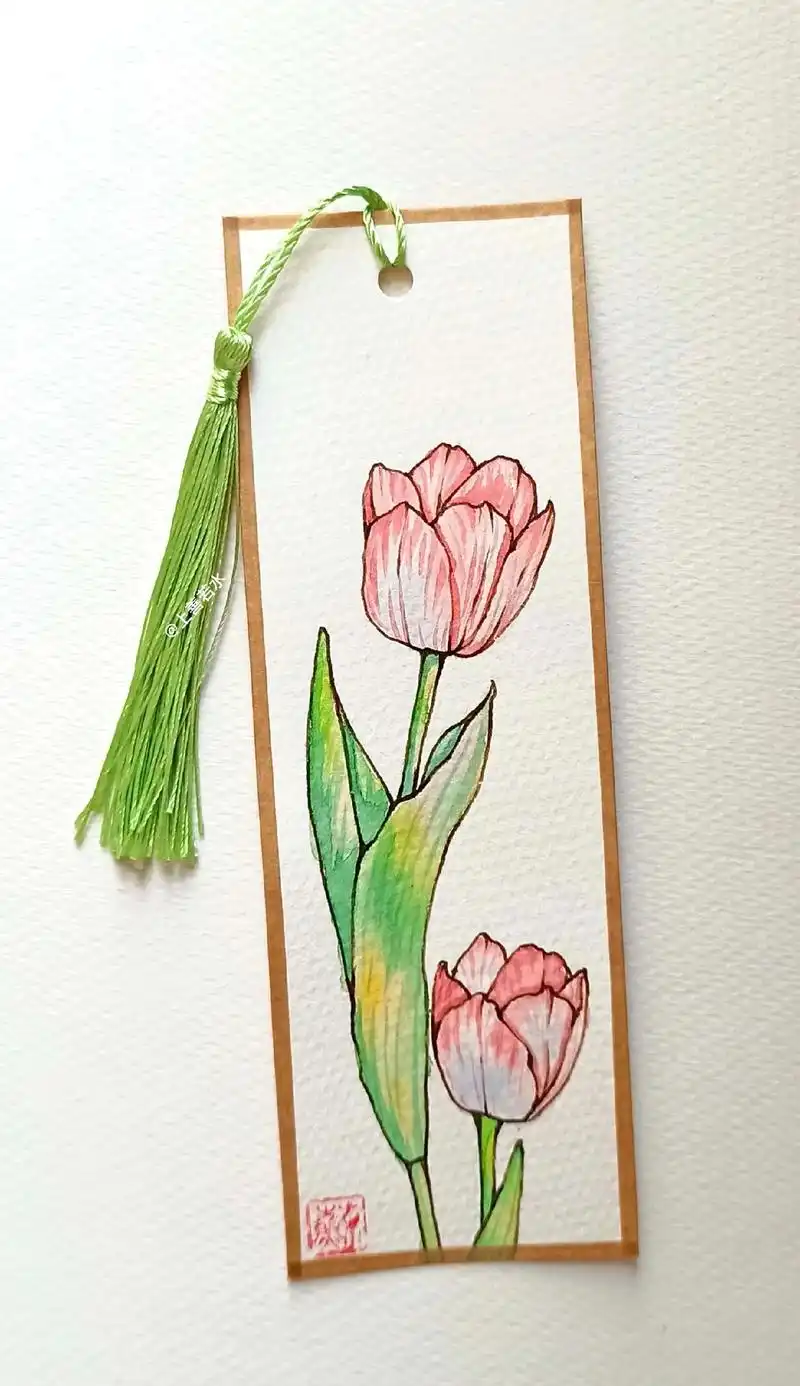 郁金香书签.#水彩花卉 #钢笔淡彩 #绘画 #水彩 #想画就 - 抖音