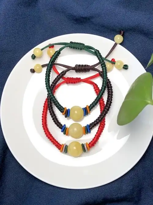 满蜜白花蜜蜡珠子绳编金刚结手链开运祈福