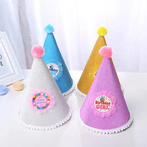 圣诞节化妆服饰道具帽三角形儿童男孩女孩生日帽三角毛球帽子厂家