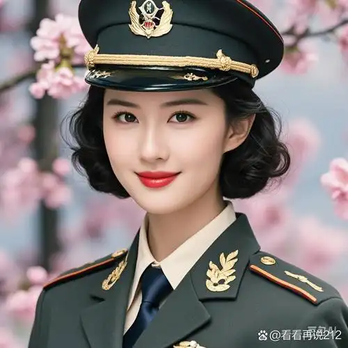 一身戎装,军中绿花,飒爽英姿映彩霞