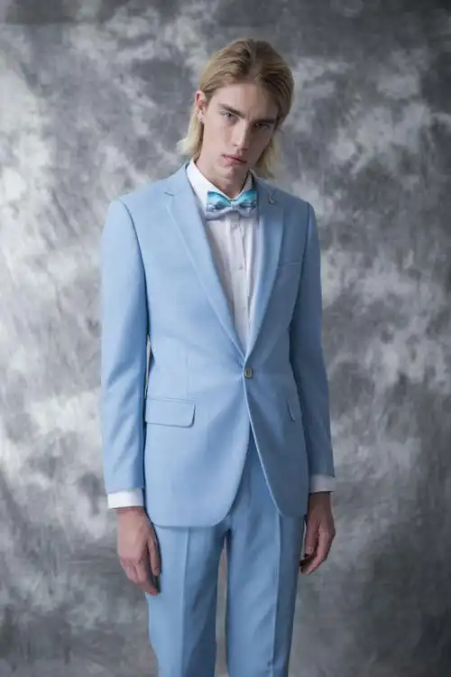 神秘蓝男仕礼服风格:休闲西装男士浅蓝色进口全羊毛西服休闲套装收藏