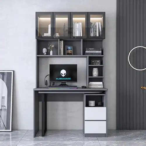 轻奢电竞电脑桌书柜书桌一体组合现代简约家用写字桌玻璃门手办柜