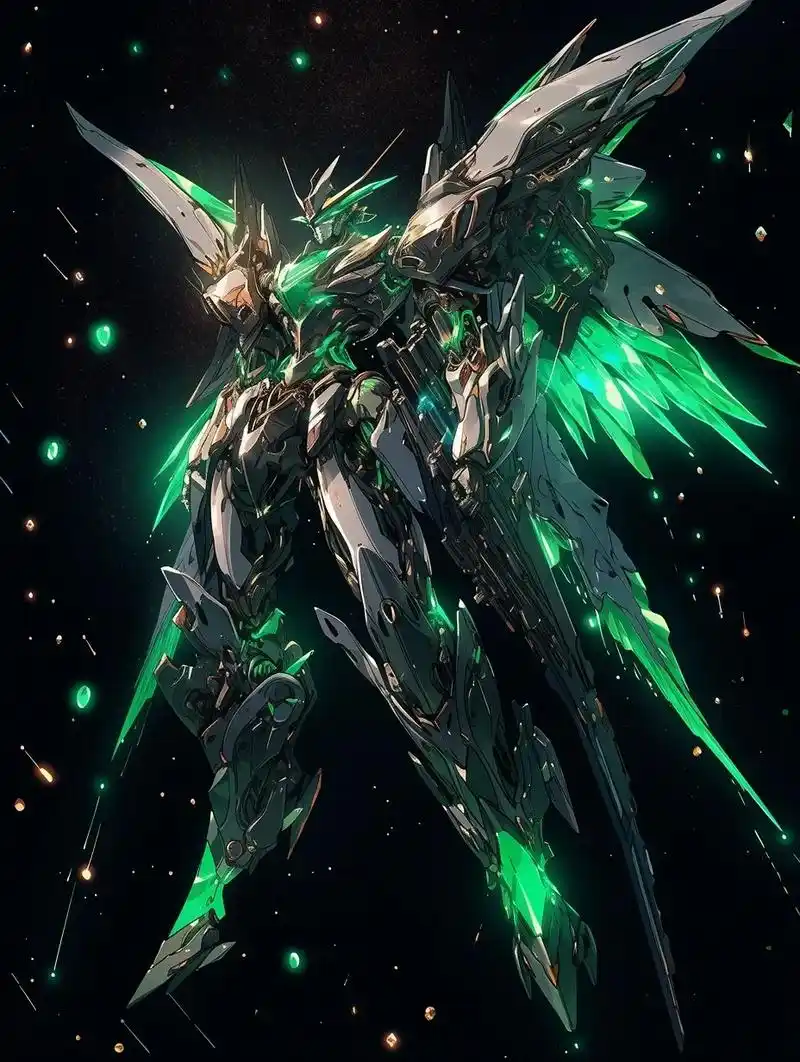 关键词:一个带有翅膀和背景中的星星的机器人特写, 机甲翅膀, 错综