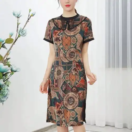 新款歌芝妈妈装真丝连衣裙夏装中年女40岁洋气质短袖桑蚕丝女装