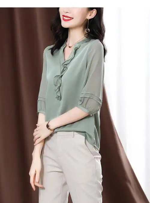 重磅真丝短袖衬衫女2020夏装新款木耳边缎面宽松小衫桑蚕丝上衣 米色