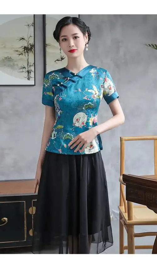 xl2148民国中式旗袍上衣套装无领旗袍改良二件套连衣裙