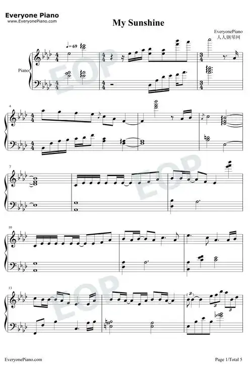 my sunshine-何以笙箫默主题曲五线谱预览1