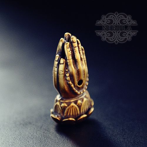 手工黄铜复古做旧莲花座禅意佛珠双手合十佛手拿佛珠三通古玩配饰