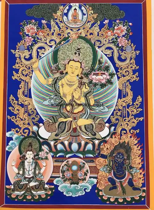 编号188-597413:彩绘唐卡-文殊菩萨·三怙主(80*50cm左右)