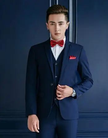 结婚西服套装男新郎服装秋季男士婚礼韩版修身礼服西装男套装 藏青色