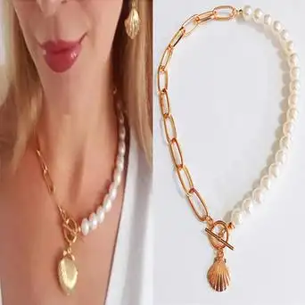 欧美跨境饰品 流行珍珠合金扇贝项饰女颈链 简约百搭气质项链