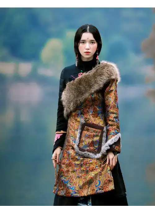 花制作朗格多姆冬季新款改良藏袍棉袄民族风中长款高端织锦棉衣