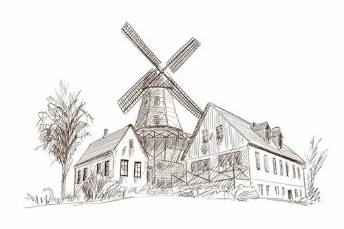 手绘素描风格乡村大风车风景图png图片免抠矢量素材 插画-第1张