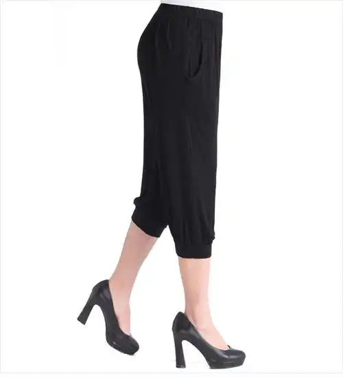 中年女裤夏装薄款莫代尔灯笼裤高腰宽松中年妈ma装七分裤 藏青色 4xl