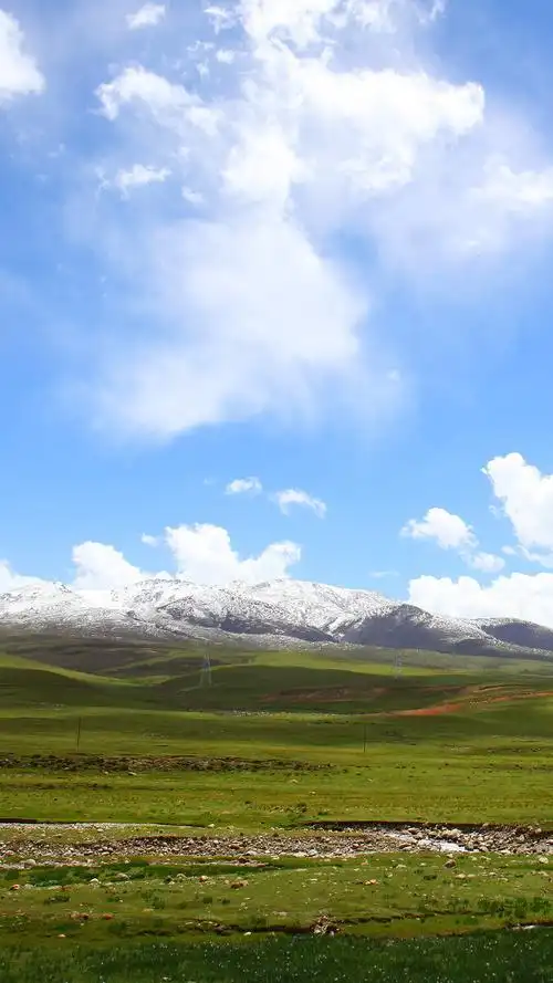 雪山草原,蓝天白云