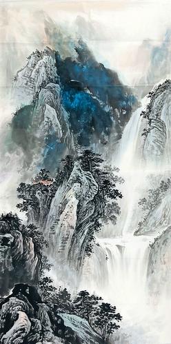 纯手绘国画泼彩泼墨山水画四尺竖幅书房办公室玄关装饰x63553