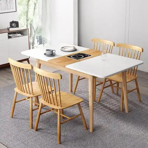 伸缩折叠餐桌现代简约家用小户型餐桌椅组合长方形带电磁炉饭桌子