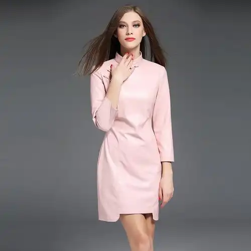 秋冬新款女装 改良时尚中国风七分袖素色修身pu皮旗袍裙