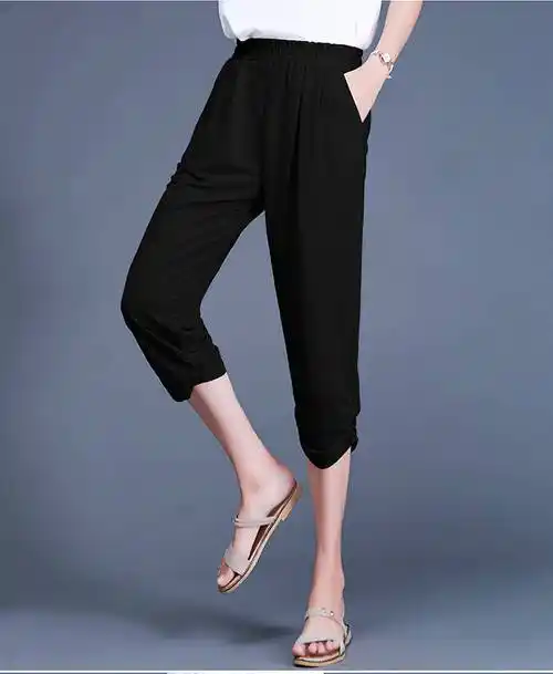 夏季薄款七分裤子女新款韩版百搭宽松大码女装黑色短裤哈伦休闲裤