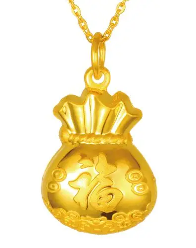 千足黄金吊坠 福字金钱袋