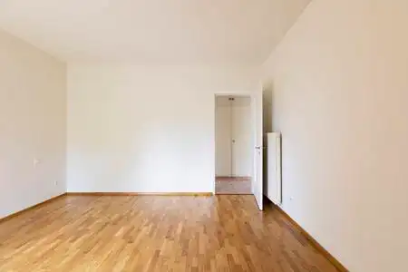 空房间,白色墙壁,镶木地板和木门. 复制空间照片