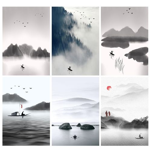 新中式水墨禅意黑白装饰画心现代客厅玄关山水画无框画打印画芯