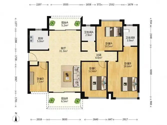 融创望江府4室2厅2卫124.87㎡南北188万