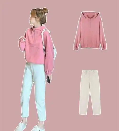 像粉色连帽卫衣,休闲中带着娇美感,搭配白色牛仔裤,清新十足,很有青春