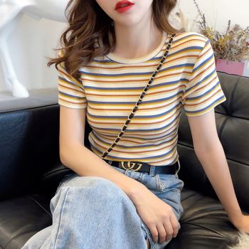 呓寻新款撞色条纹短袖t恤女网红ins潮高腰短款锁骨上衣修身半袖体恤夏