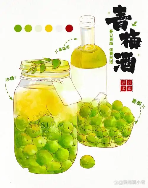 ipad水彩美食|微醺·青梅酒🥃原创手绘插画 "从春盼到夏,把时间酿成
