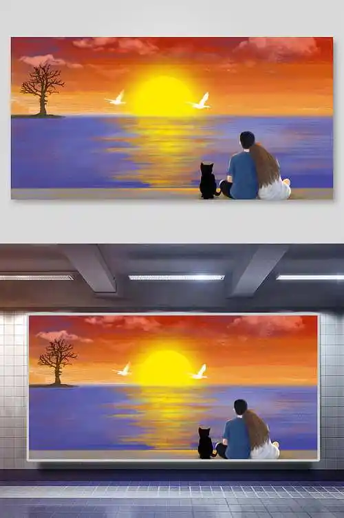 情人节爱情日落湖泊背影小猫插画