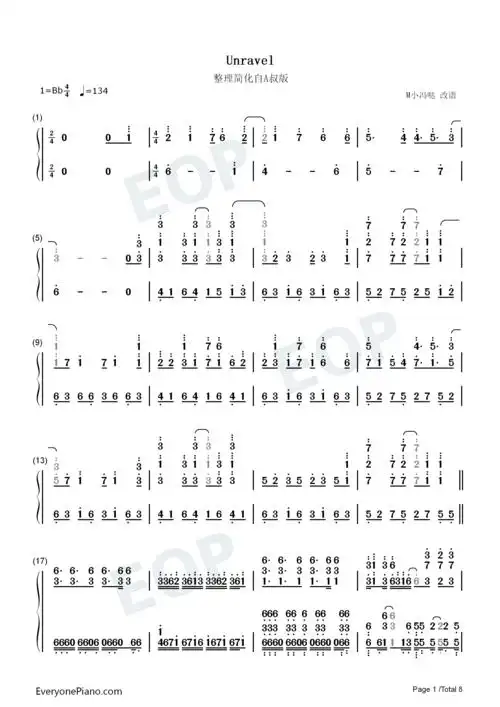 unravel-简化自a叔版双手简谱预览1-钢琴谱文件(五线谱,双手简谱,数字