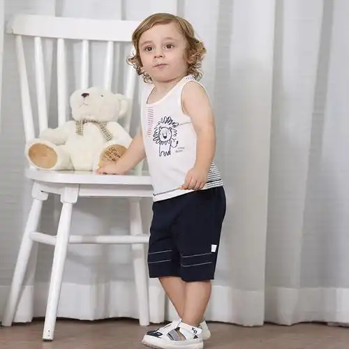 卡拉贝熊男宝宝婴儿童装2018夏装新款童趣涂鸦背心t恤