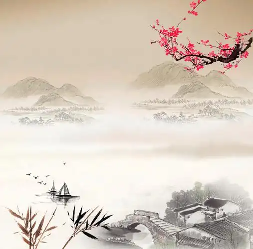 本次作品主题是黑白古风山水树枝水墨中国风风景背景素材,编号是