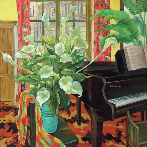 12002014年作有马蹄蓝的琴房布面油画