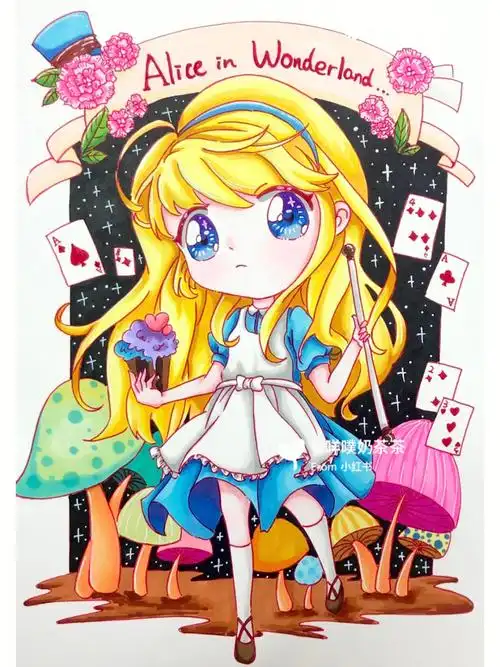 爱丽丝梦游仙境q版马克笔绘画