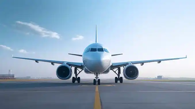 飞机正面镜头白色客机在飞机跑道起飞