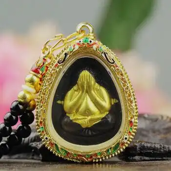 泰国金箔掩面佛牌吊坠招财转运项链黑底贴金掩面佛金珠黑链