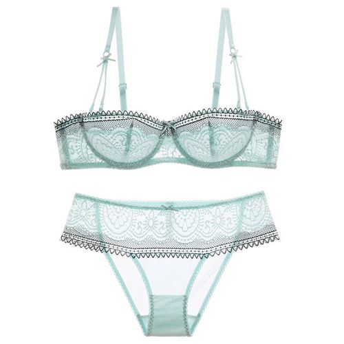 banilacoo 性感蕾丝半杯超薄半透明抹胸式内衣少女文胸套装b1147 薄荷