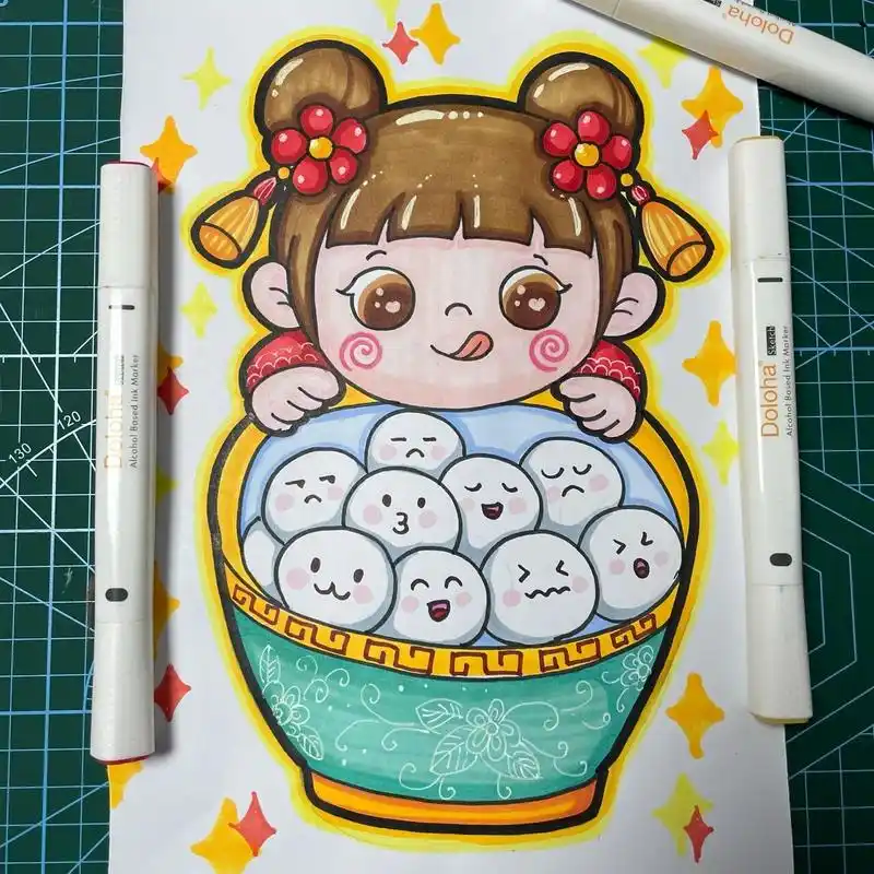 元宵节主题绘画96『吃汤圆啦』 适用于幼儿园宝贝们 临摹作品,好长