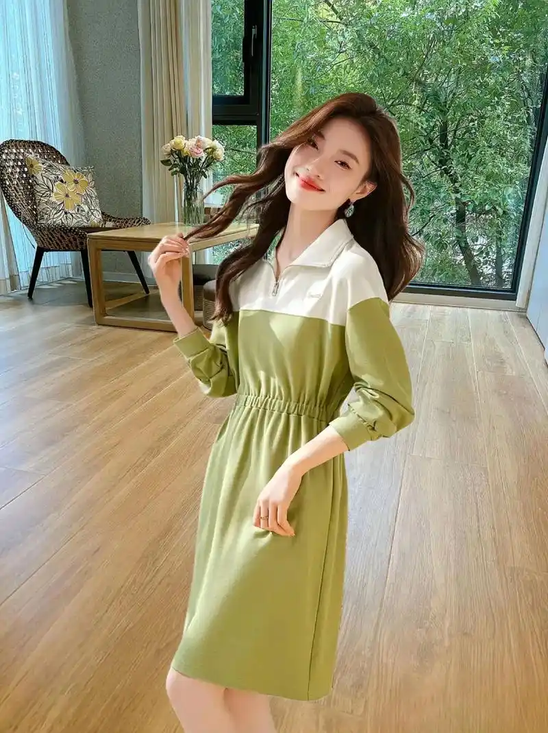 沫晗依美长袖收腰膝上翻领减龄休闲连衣裙女2024夏季新款.17 - 抖音