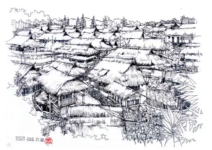 翁丁村 佤族群落线稿