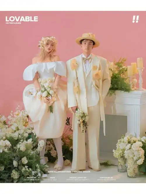 浪漫甜粉珠光白公主婚纱照