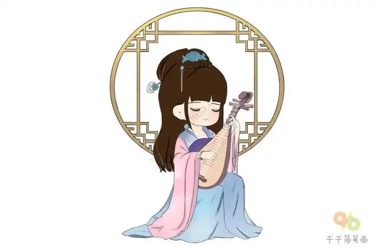古代弹琵琶的少女简笔画步骤图