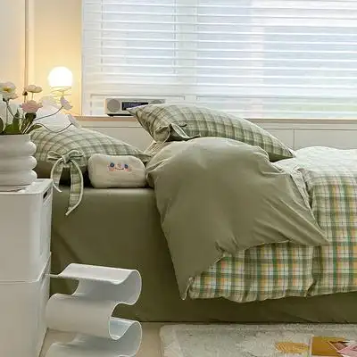 无印良品日式水洗棉经典复古格纹全棉四件套纯棉双人加大床上用品