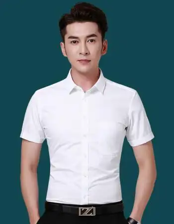 夏季短袖衬衫商务正装男士修身白色丝光棉免烫寸职业工作服上衣 白色