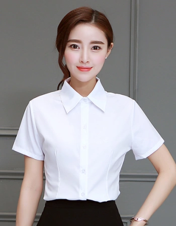 白衬衫女短袖工作服夏韩版修身寸衣大码纯色工装职业装衬衣女yb 浅蓝